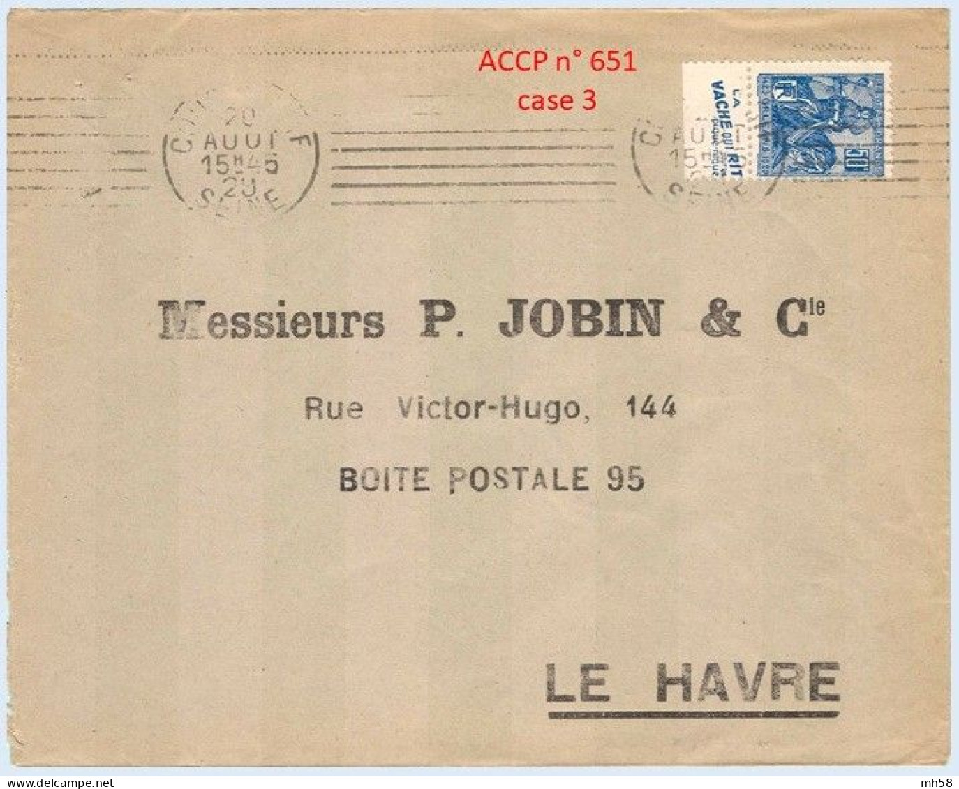 FRANCE - Lettre Avec Pub De Carnet : Vache Qui Rit Pour Les Pique-nique - N° 257 50c Jeanne D'Arc Type I - Lettres & Documents