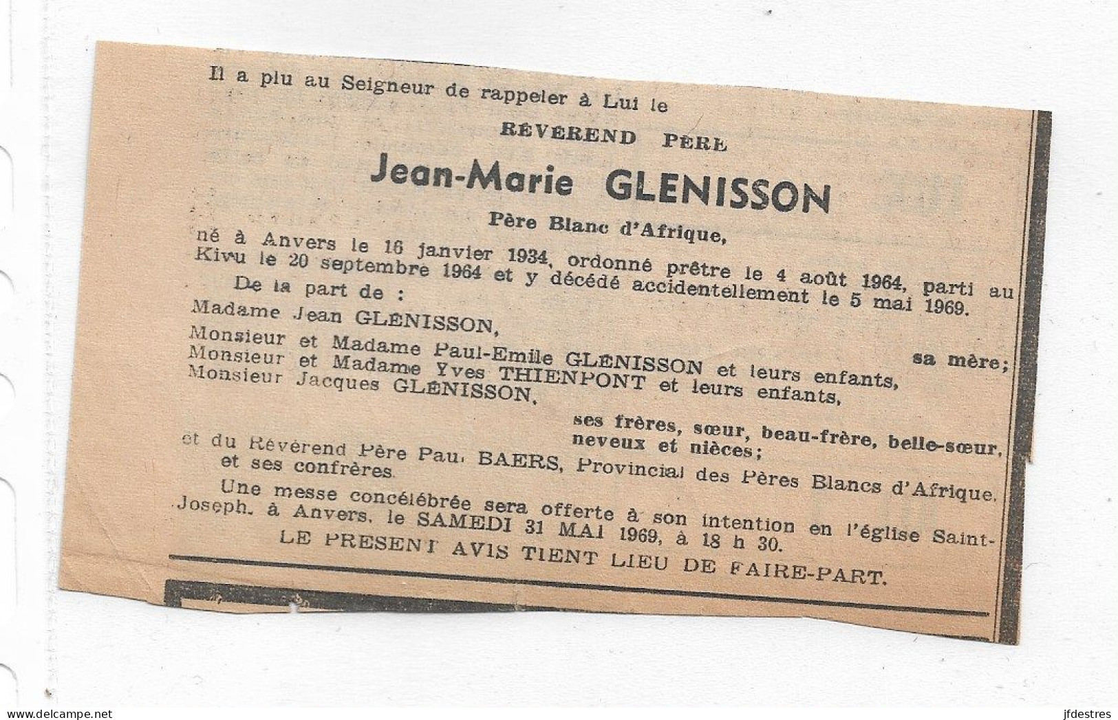 FP Nécrologie Père Blanc Jean-Marie Glenisson Kivu RDC 1969 - Décès