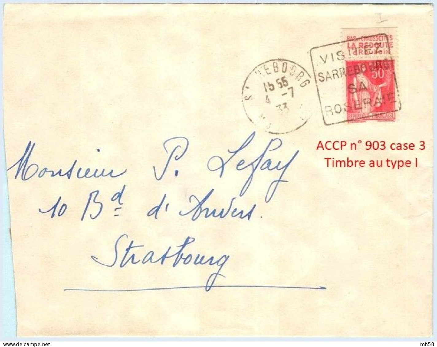 FRANCE - Lettre Avec Pub De Carnet : Bas Chaussettes La Redoute Roubaix - N° 283 50c Paix Rouge Type I - Lettres & Documents