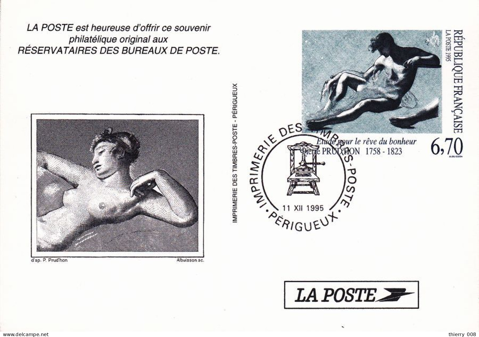 07 Pseudo Entier / PAP Etude Pour Le Rêve Du Bonheur Proud'hon  Oblitération Périgueux 24  11 12 1995 Imprimerie Des Tim - Official Stationery