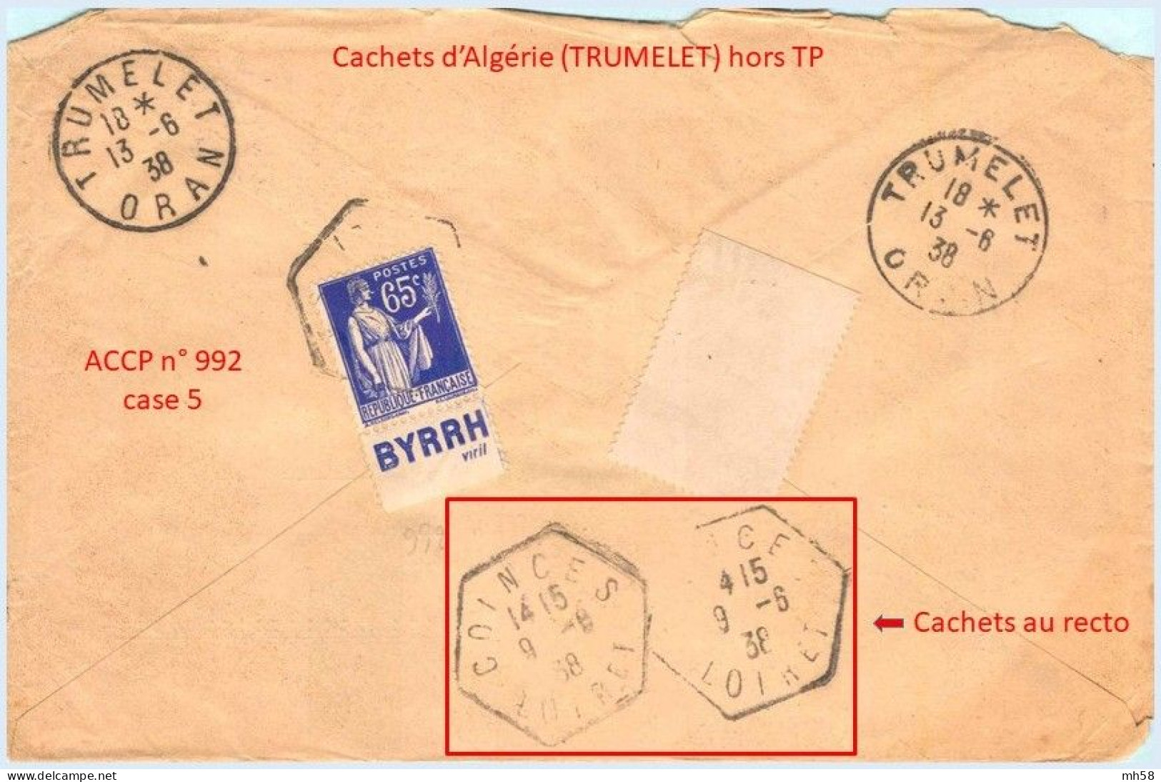 FRANCE - Lettre Vers Algérie Avec Pub De Carnet : Byrrh Viril - N° 365 65c Paix Outremer Type II - Brieven En Documenten