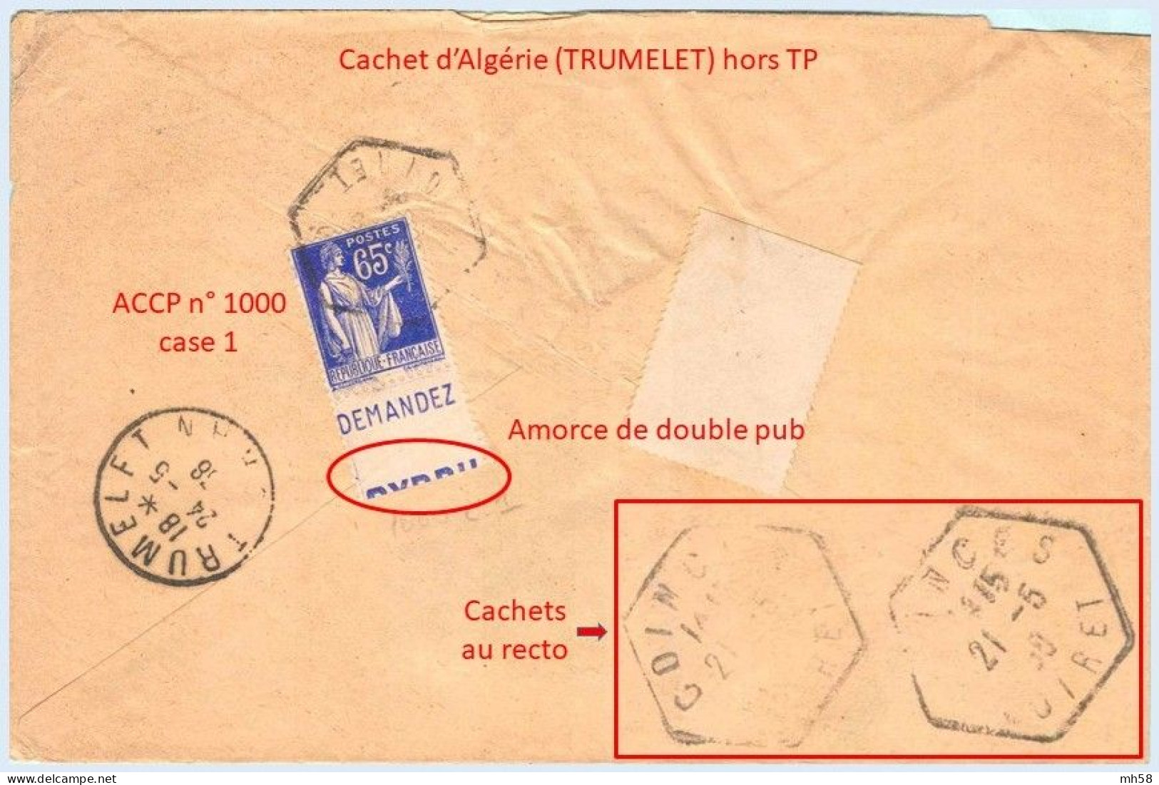 FRANCE - Lettre Vers Algérie Avec Pub De Carnet : CCP - N° 365 65c Paix Outremer Type II - Brieven En Documenten