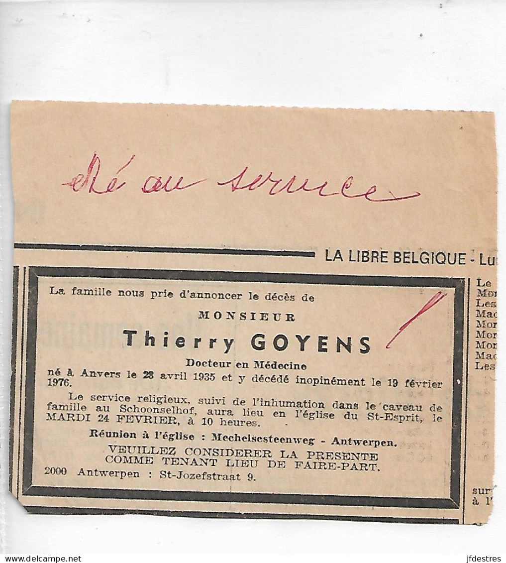 FP Nécrologie Docteur Thierry Goyens Antwerpen 1976 La Libre Belgique - Décès