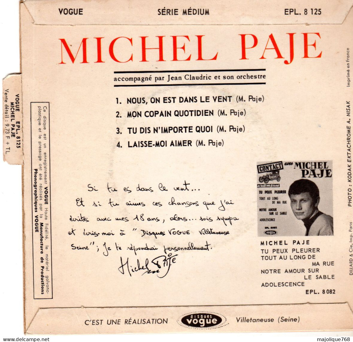 Disque De Michel Paje - Nous, On Est Dans Le Vent - Vogue EPL. 8 125 - France 1963 - Rock