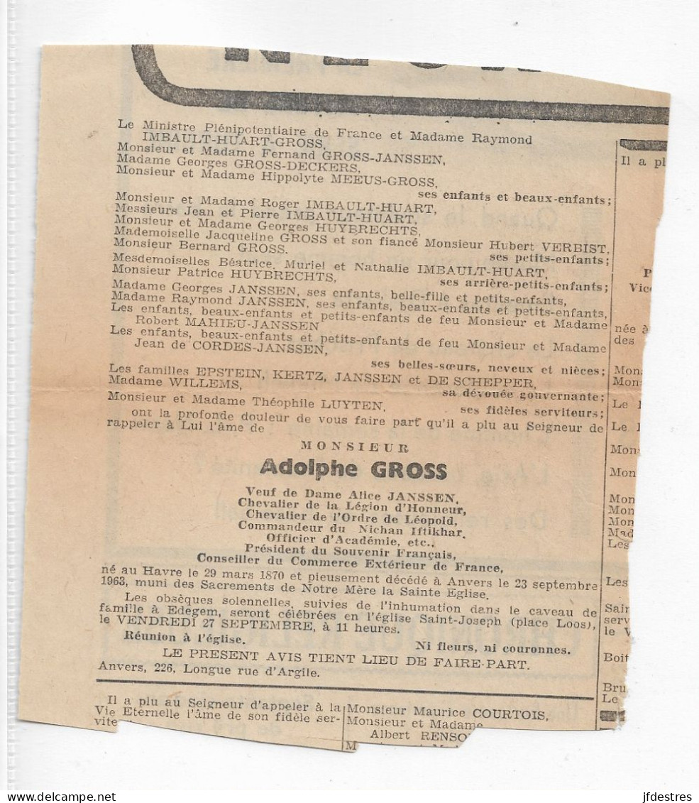 FP Nécrologie Adolphe Gross Vf Alice Janssen Anvers 1963 - Décès