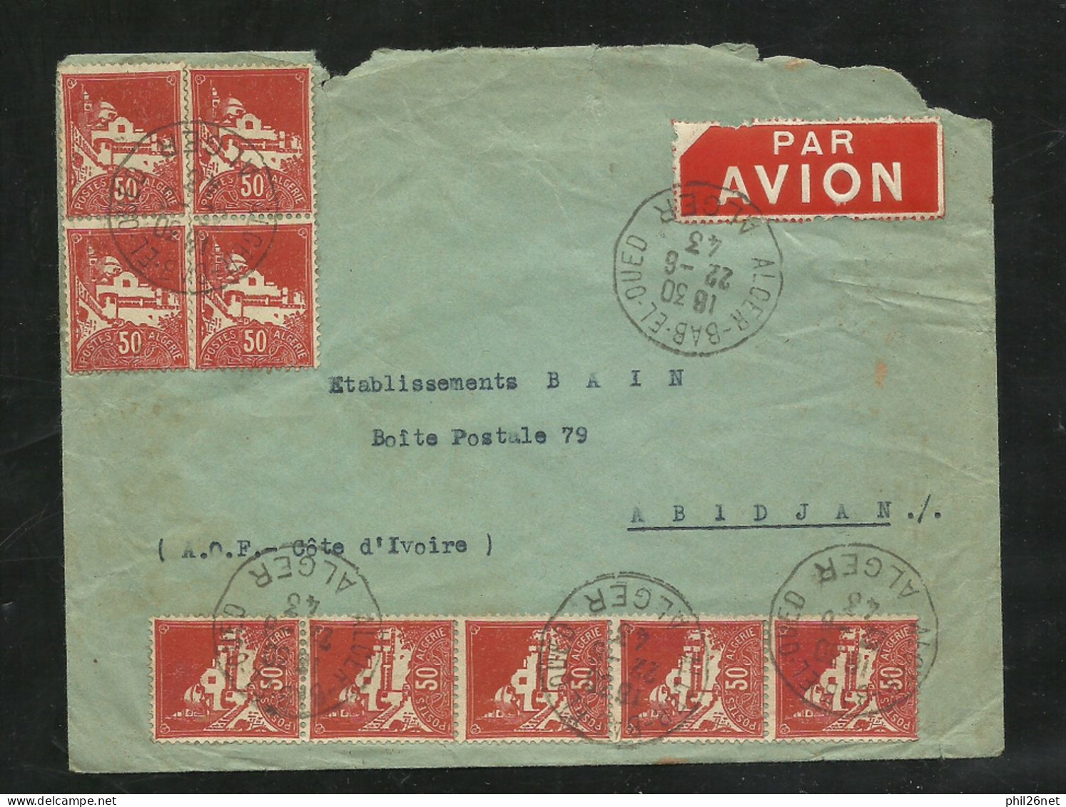 Algérie  Lettre Par Avion R . Sebaoun Alger Bab El Oued Le 22/06/1943  Pour Abdijan Le N° 173 X 9 (bande De 5 Et 4) B/TB - Briefe U. Dokumente