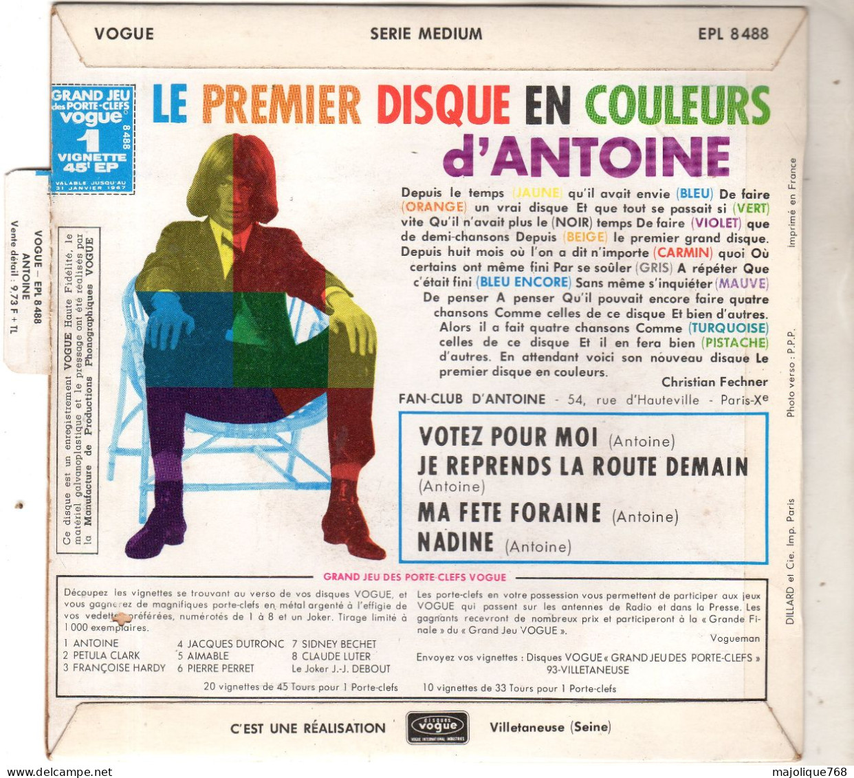 Disque De Antoine - Voter Pour Moi - Vogue EPL. 8 488 - France 1966 - Vinyle Rouge - Rock