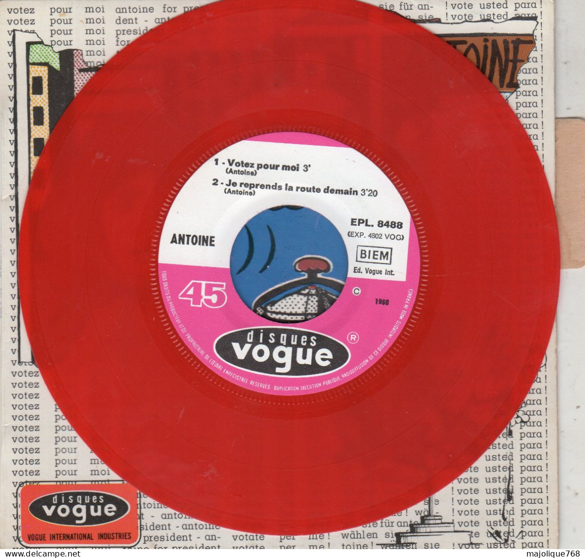 Disque De Antoine - Voter Pour Moi - Vogue EPL. 8 488 - France 1966 - Vinyle Rouge - Rock