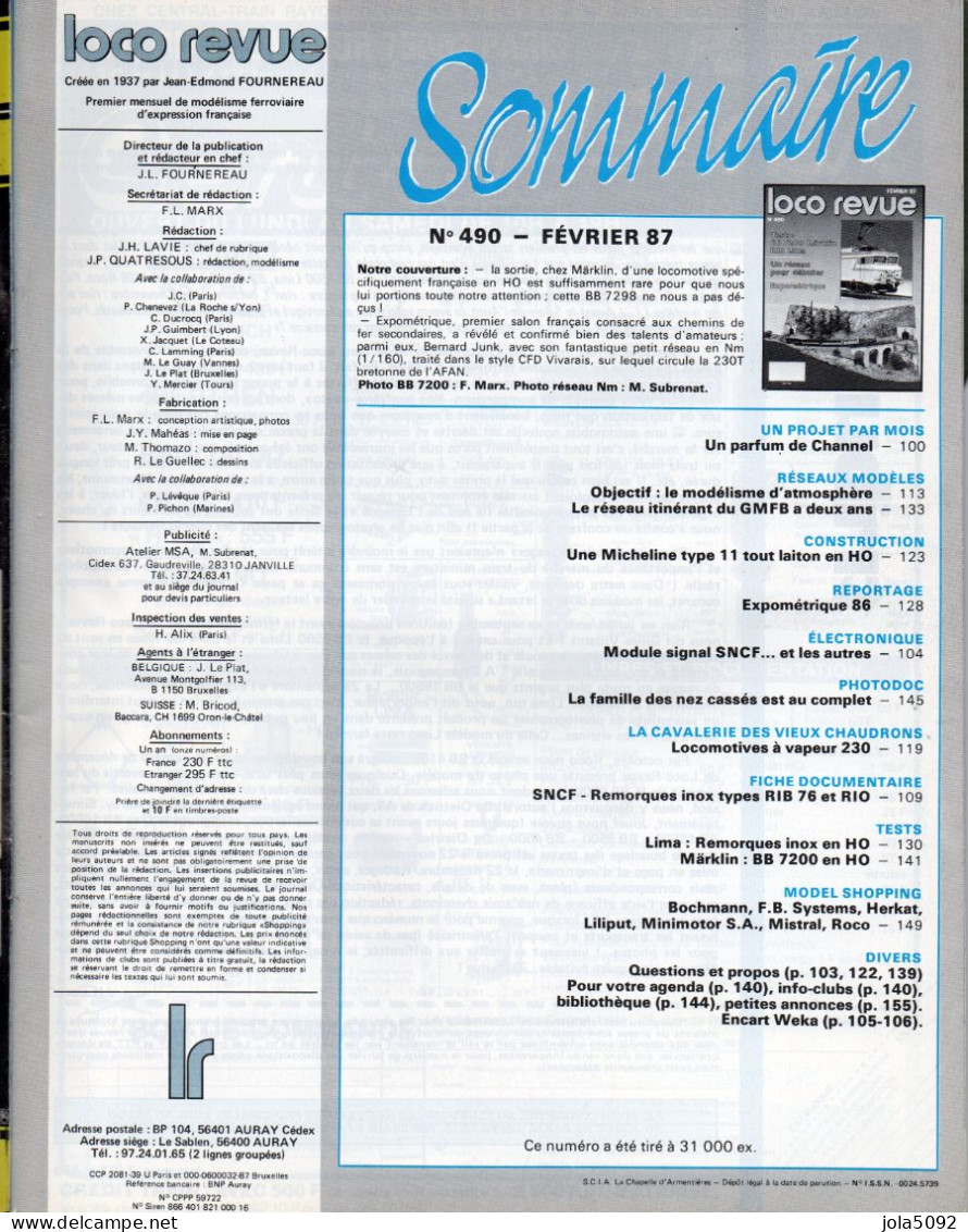 LOCO REVUE N° 490 - Février 1987 - Chemin De Fer & Tramway