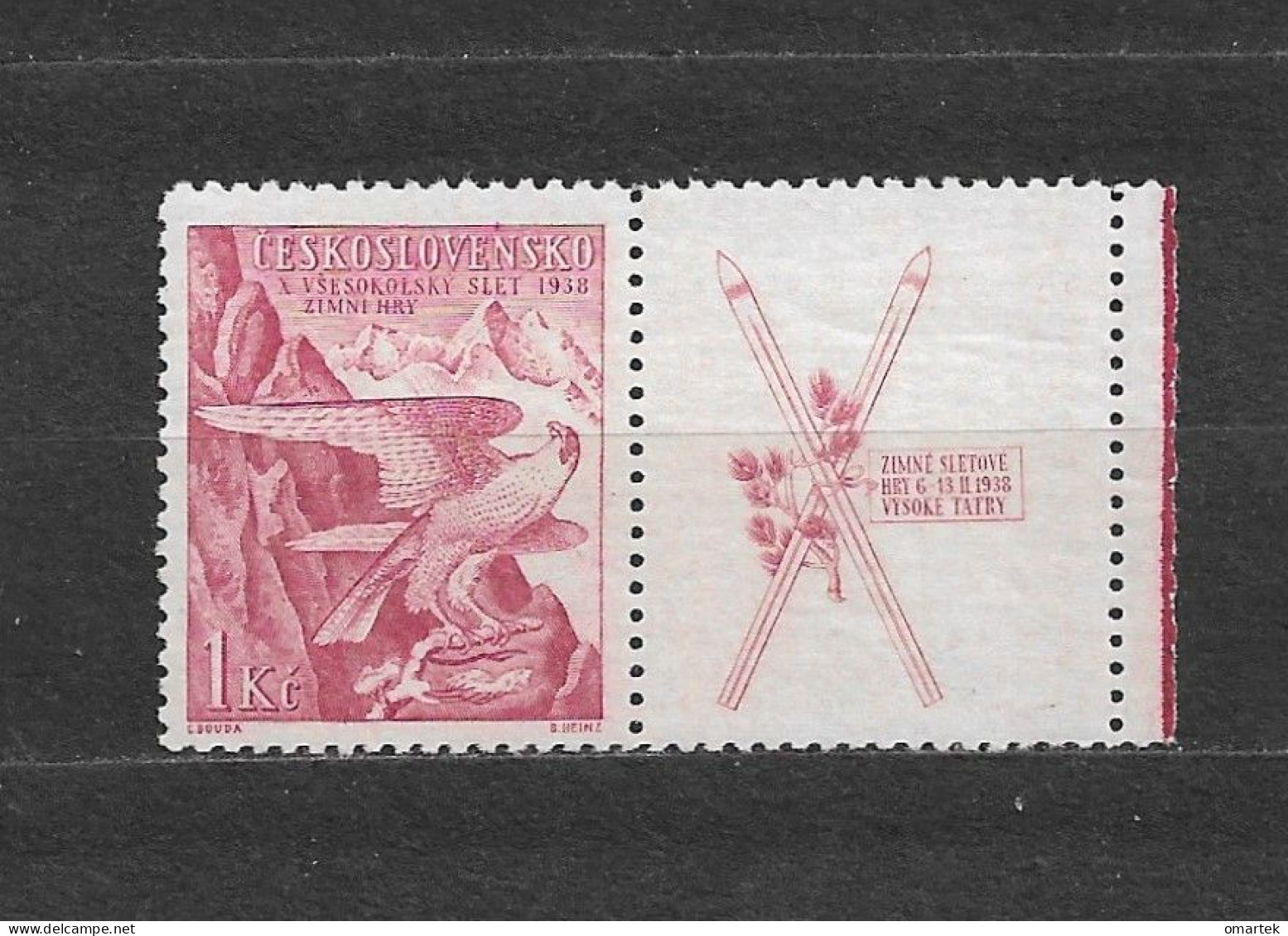 Czechoslovakia 1938 MH * Mi 388 Zf Sc 242 Falcon Falke. Winter Sokol Games. Tschechoslowakei. C2 - Ungebraucht