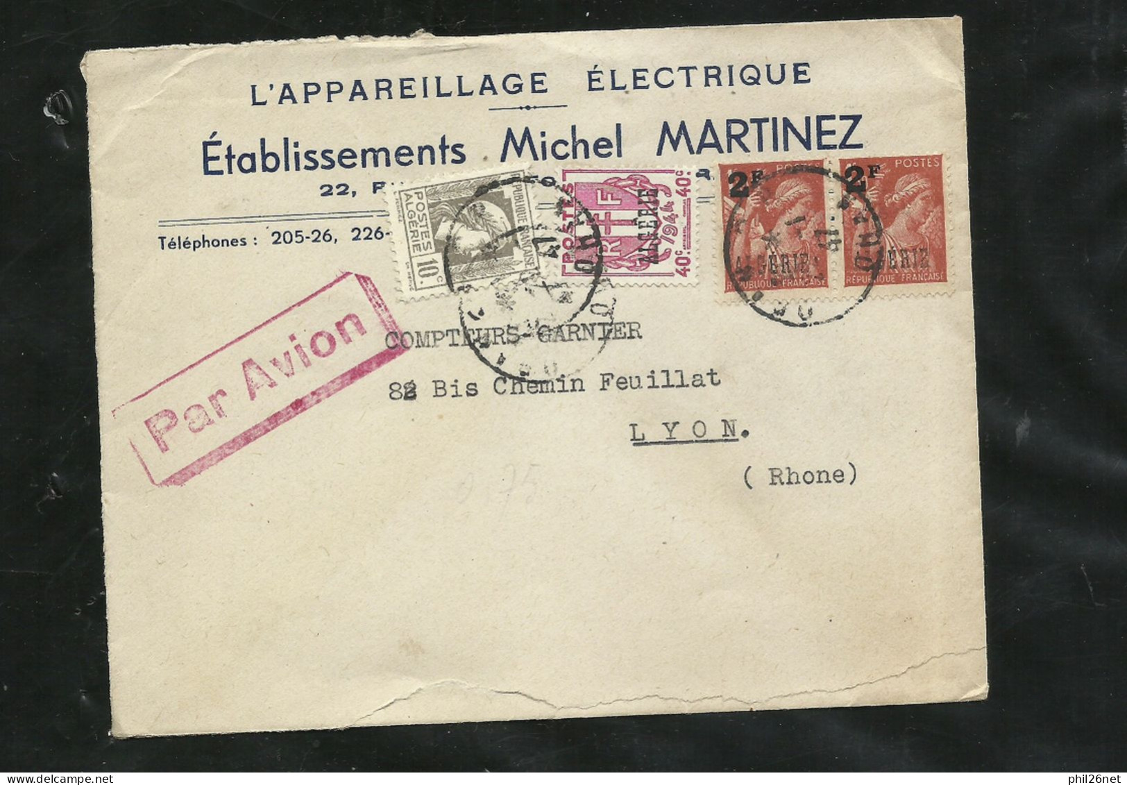 Algérie  Lettre Par Avion Ets Michel Martinez  Electricité Oran Le 22/01/1947  Pour Lyon N° 209;225 Et Paire Du 234 B/TB - Briefe U. Dokumente