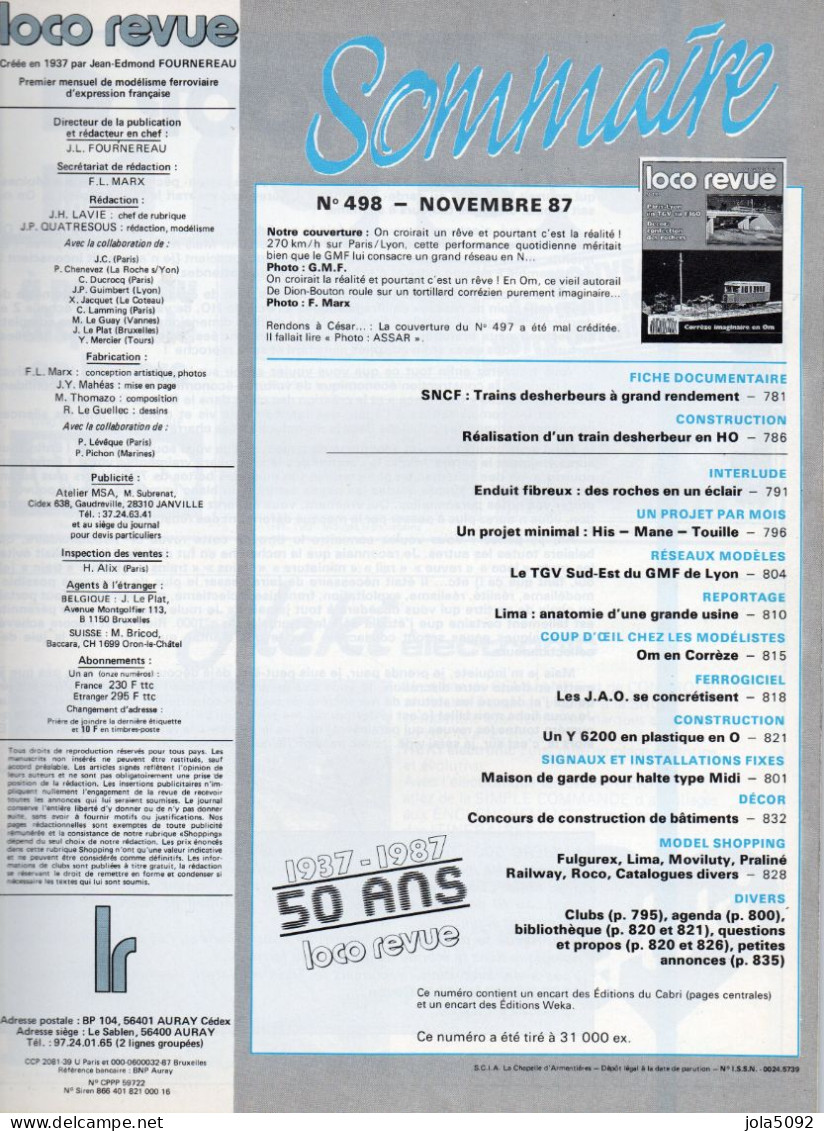 LOCO REVUE N° 498 - Novembre 1987 - Chemin De Fer & Tramway