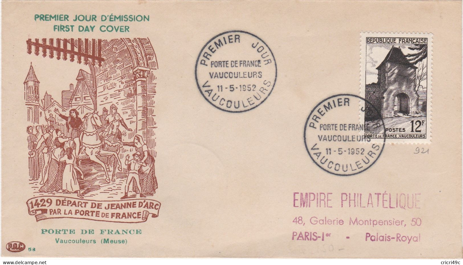 France FDC Y&T N°921 Porte De France Vaucouleurs De 1952 VAUCOULEURES - 1950-1959