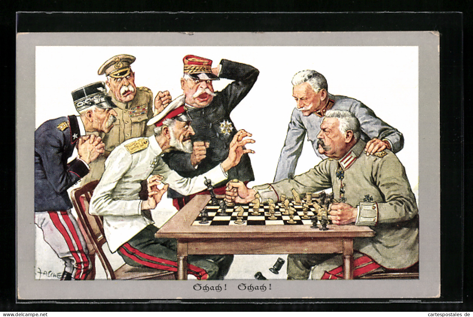Künstler-AK Von Zacine, Schach, Hindenburg Spielt M. Russi. Heerführer Schach  - Schach
