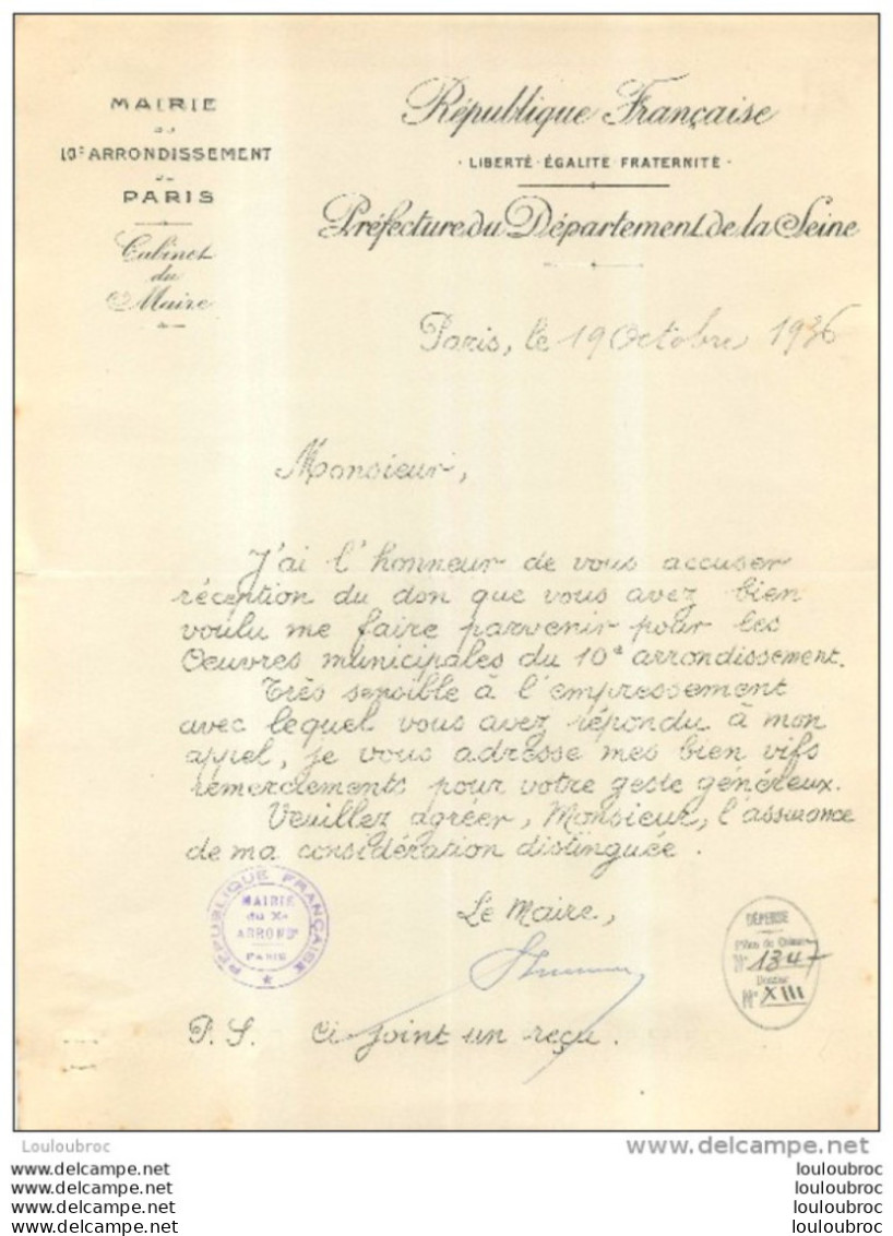 PARIS MAIRIE DU 10em ARRONDISSEMENT REMERCIEMENT POUR UN DON DESTINE AUX MALHEUREUX 1936 - Documents Historiques