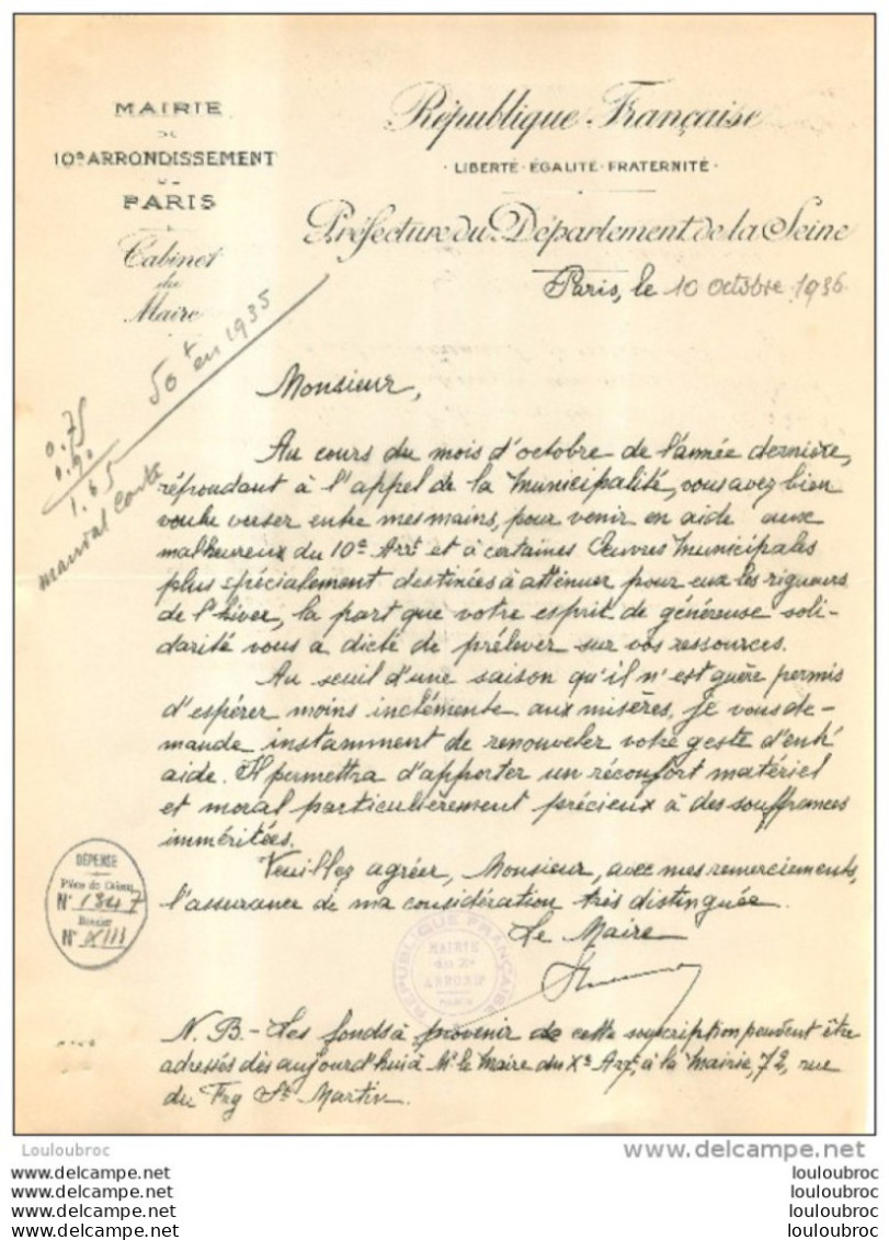 PARIS MAIRIE DU 10em ARRONDISSEMENT SOLLICITATION  POUR UN DON DESTINE AUX MALHEUREUX 1936 - Historische Documenten