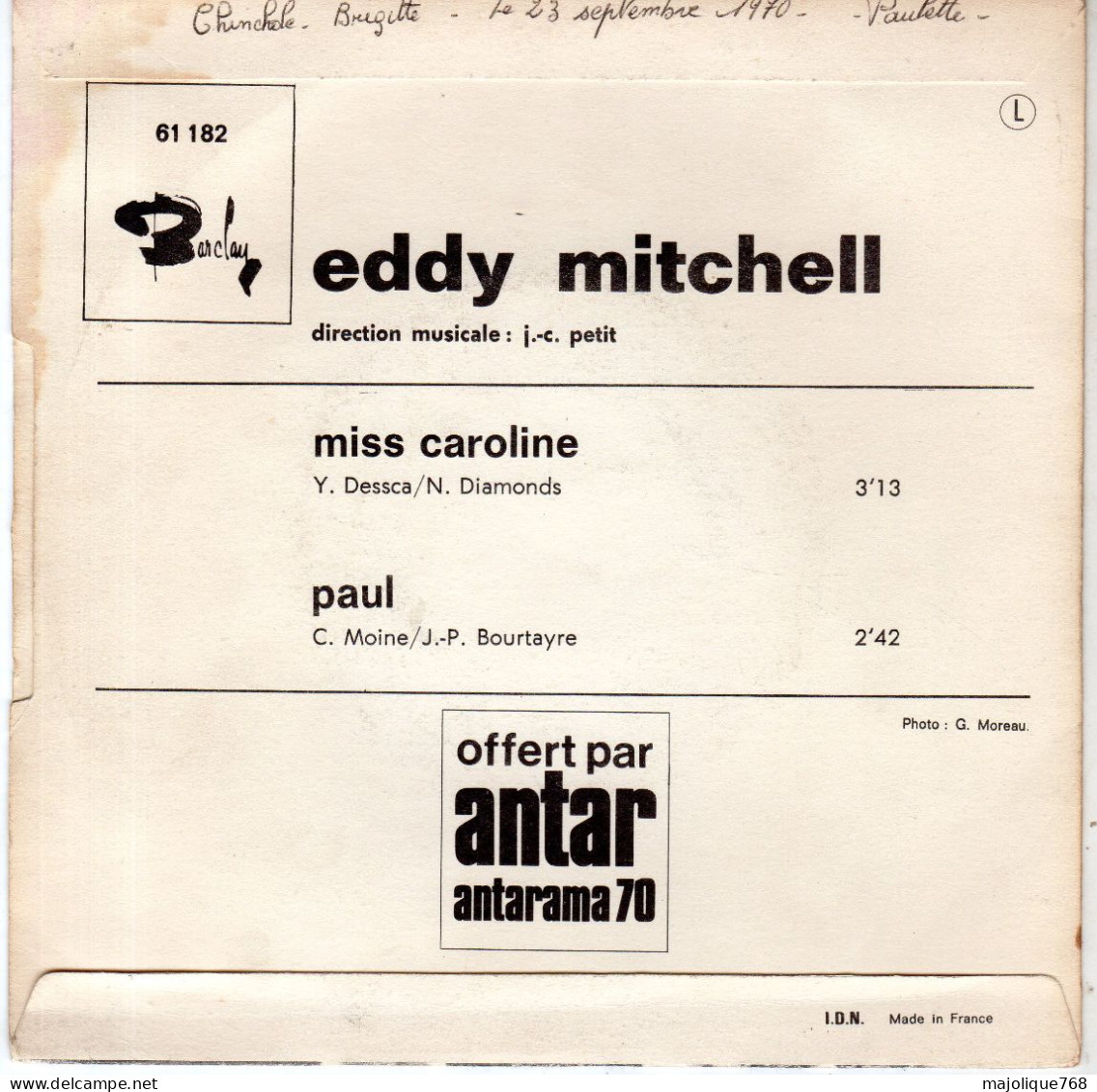 Disque De Eddy Mitchell - Miss Caroline - Barclay 61 182 - France 1969 - Disque Offert Par Antar Antarama 70 - Disco, Pop