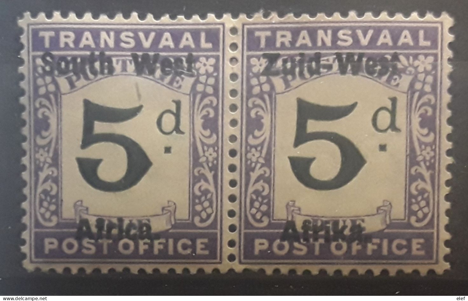 SOUTH WEST AFRICA 1923 Postage Due , Paire Surcharge  Se Tenant Yvert 19 - 21 , 5 Pence Violet / Noir Neuve * MH TB - Südwestafrika (1923-1990)