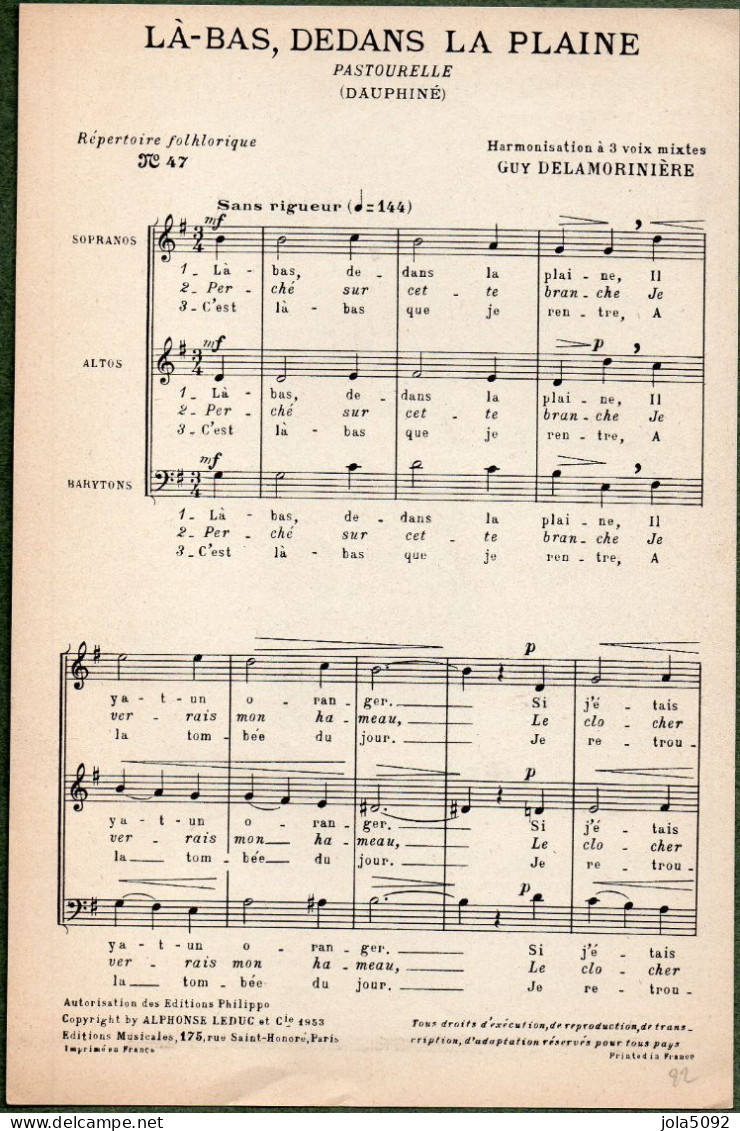 Répertoire Folklorique N° 47 - Là-bas Dedans La Plaine (DAUPHINE) - Harmonisation Guy DELAMORINIERE - Partitions Musicales Anciennes