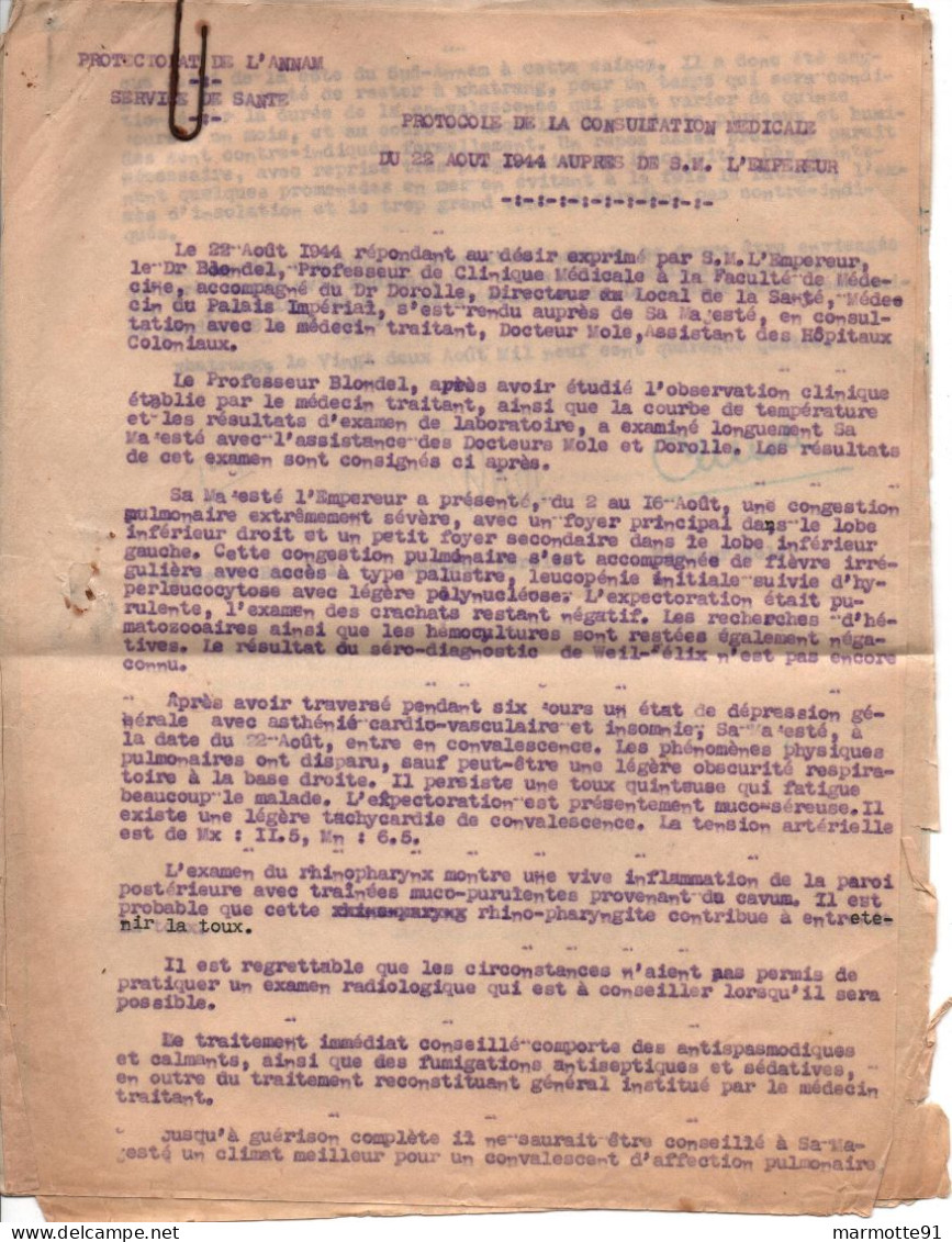 PROTOCOLE CONSULTATION MEDICALE EMPEREUR BAO DAI 1944   ARMEE FRANCAISE INDOCHINE INDOCHINA  CEFEO PROPAGANDE - Documents