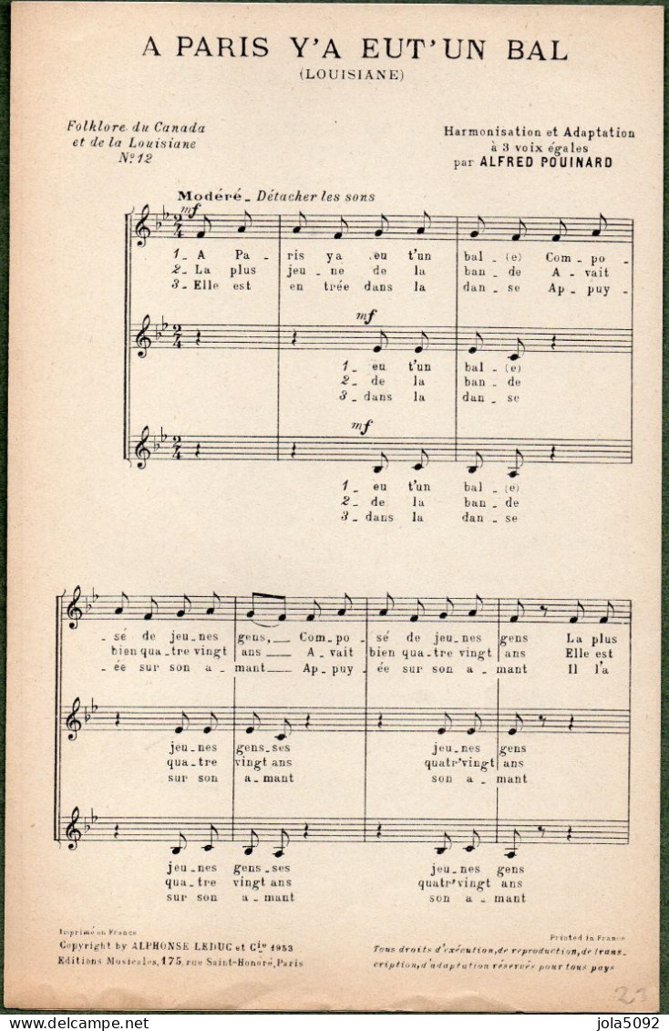 Folklore Du Canada Et De La Louisiane N° 12 - A Paris Y'a Eut' Un Bal - Harmonisation Alfred POUINARD - Partitions Musicales Anciennes