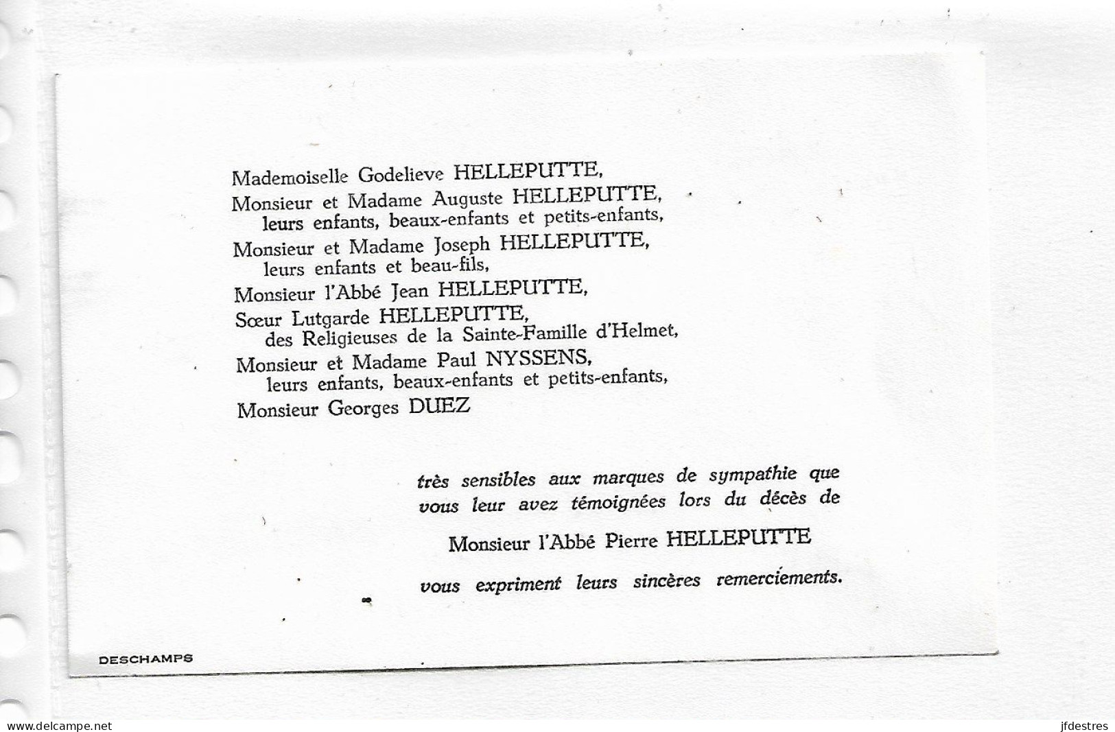 FP Remerciements Décès Abbé Pierre Helleputte 1982 - Décès