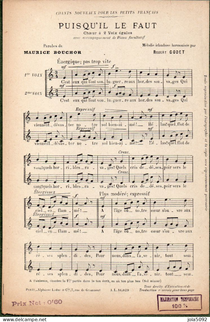 PuIsqu'il Le Faut - Paroles Maurice BOUCHOR Mélodie Irlandise Harmonisée Par Robert CODET - Partitions Musicales Anciennes