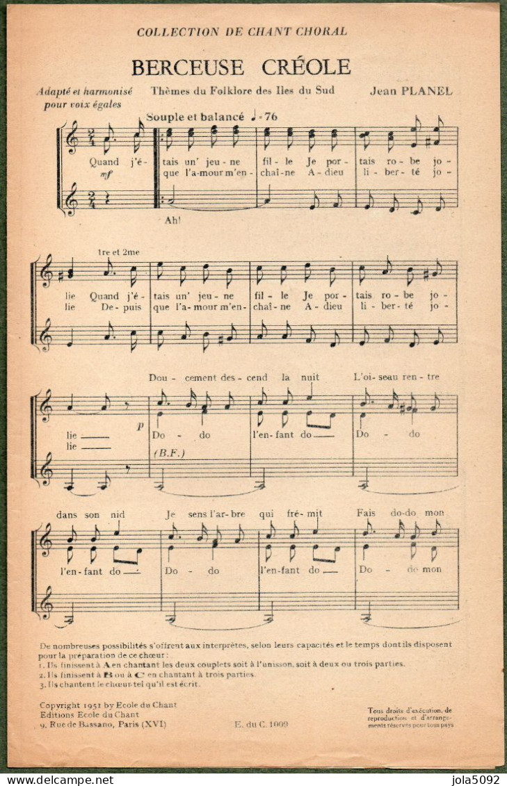 PARTITION - Berceuse Créole - Folklore Des Iles Du Sud - Adapté Et Harmonisé Par Jean PLANEL - Partitions Musicales Anciennes