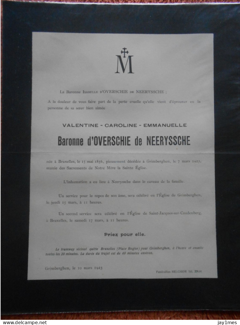 Bruxelles Baronne D'Overschie De Neeryssche 1856-1923 Décédée à Grimberghen Envoyé Au Chäteau De La Havette à Spa - Décès