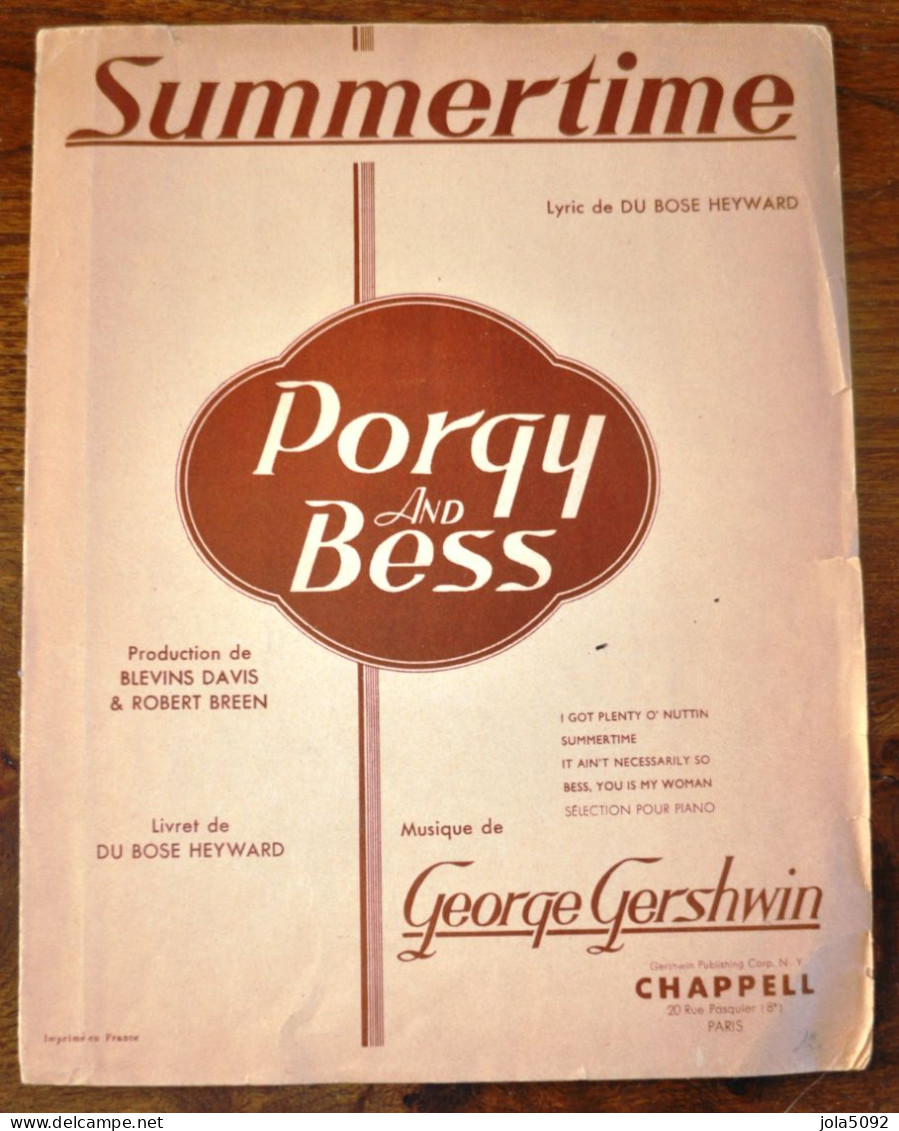 PARTITION - PORGY And BESS - SUMMERTIME - GEORGE GERSHWIN - PIANO Et GUITARE - Partitions Musicales Anciennes