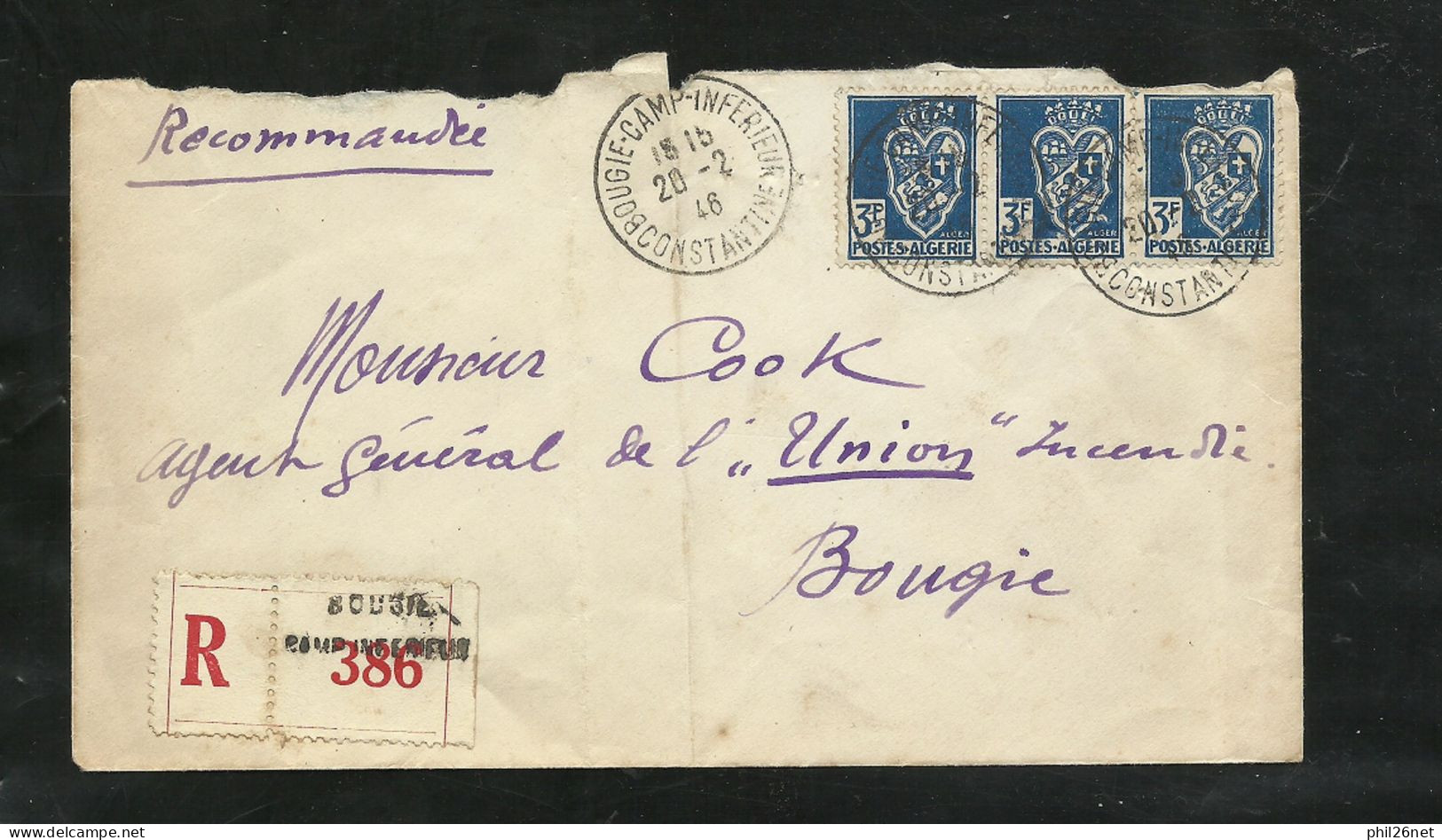 Algérie  Lettre Recommandée Docteur Botte Bougie Le 20/02/1947  Pour Bougie Le 20/02/1946 Le  N° 181 X 3  B/TB - Lettres & Documents