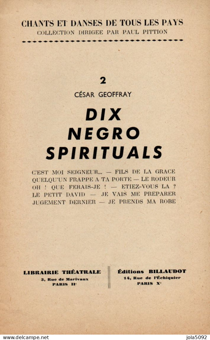 PARTITION - Chants Et Danse De Tous Les Pays - César GEOFFRAY - Dix NEGRO-SPIRITUALS - Partitions Musicales Anciennes