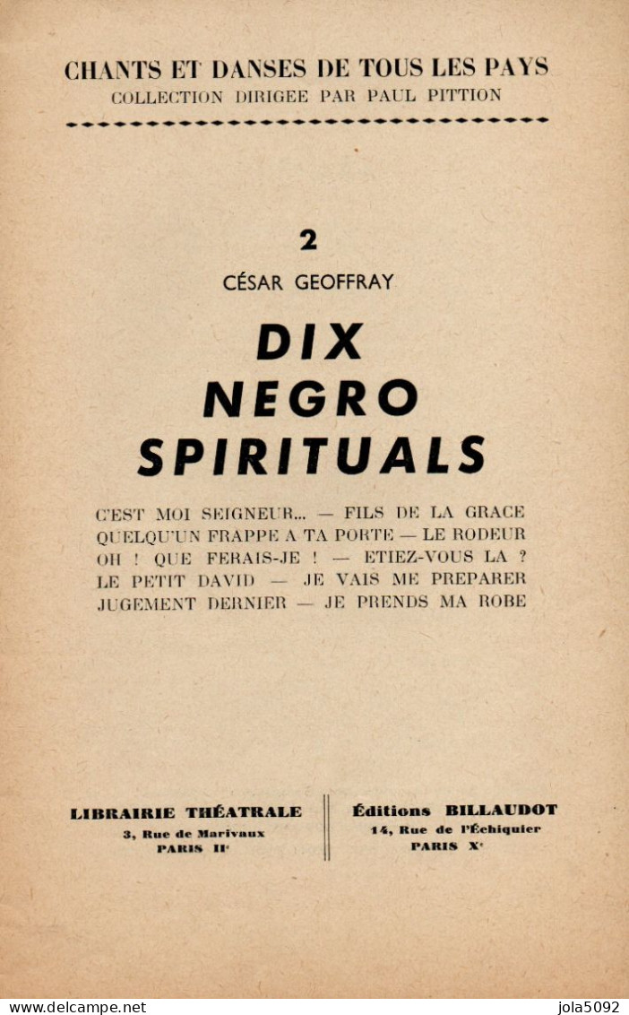 PARTITION - Chants Et Danse De Tous Les Pays - César GEOFFRAY - Dix NEGRO-SPIRITUALS - Spartiti