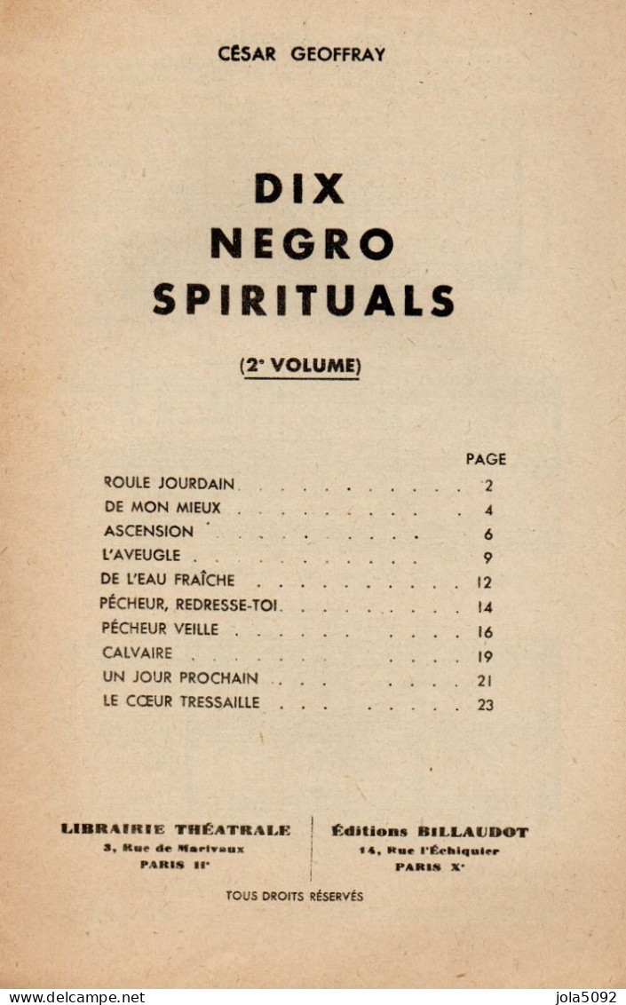 PARTITION - Chants Et Danse De Tous Les Pays - César GEOFFRAY - Dix NEGRO-SPIRITUALS 2ème Volume - Partitions Musicales Anciennes