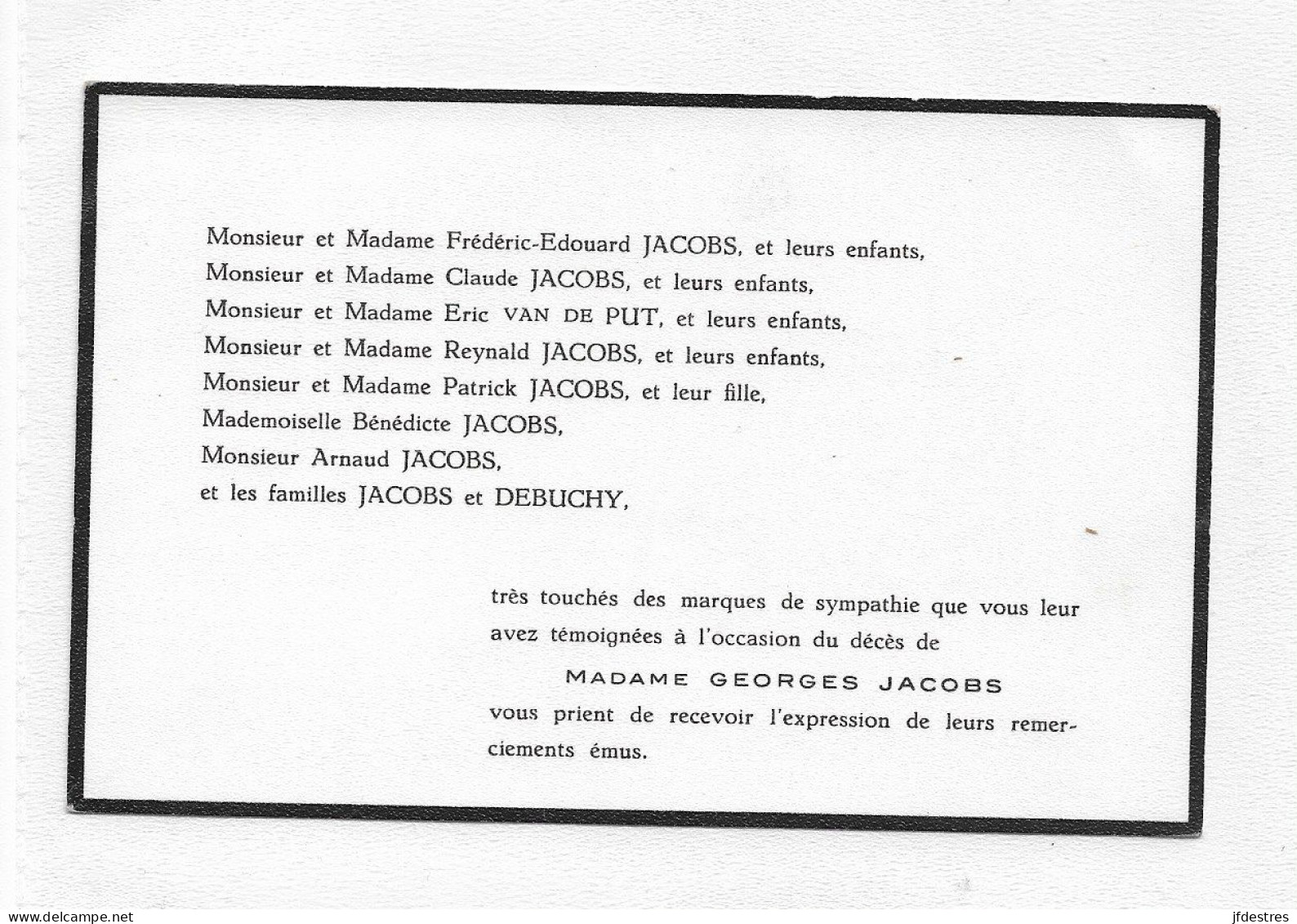 FP Remerciements Décès Mme Georges Jacobs . (Jacqueline Laure  Debuchy 1970) - Décès