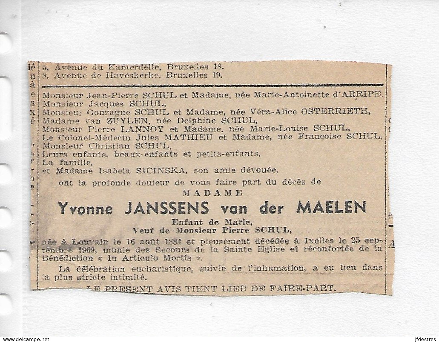 FP Nécrologie Yvonne Janssens Van Der Maelen Vve Pierre Schul Ixelles 1969 - Décès