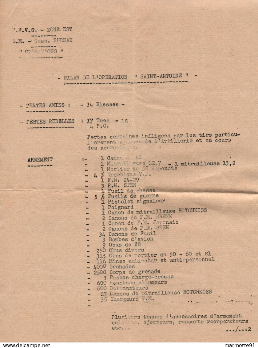 BILAN OPERATION SAINT ANTOINE  FFVS ?? ZONE EST ARMEE FRANCAISE INDOCHINE INDOCHINA  CEFEO PROPAGANDE - Documenti