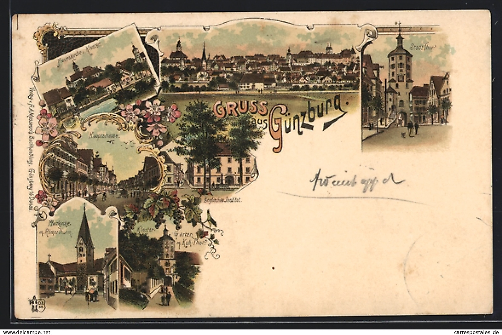 Lithographie Günzburg, Hauptstrasse, Frauenkirche Und Kloster, Englisches Institut  - Guenzburg