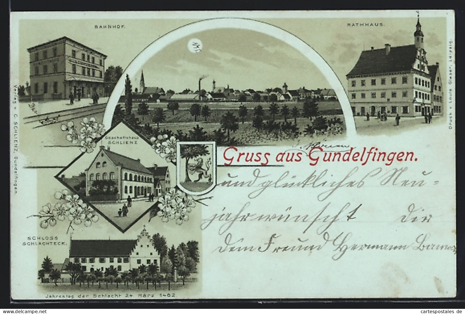 Mondschein-Lithographie Gundelfingen / Bayern, Geschäftshaus Schlienz, Schloss Schlachteck, Bahnhof  - Gundelfingen