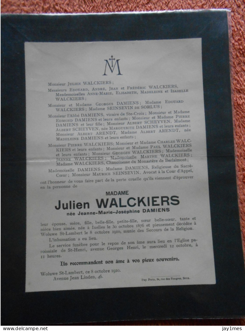 Bruxelles Woluwé St-Lambert Julien Walckiers 1876-1910  Pour Comtesse Chäteau De La Havette à Spa - Décès