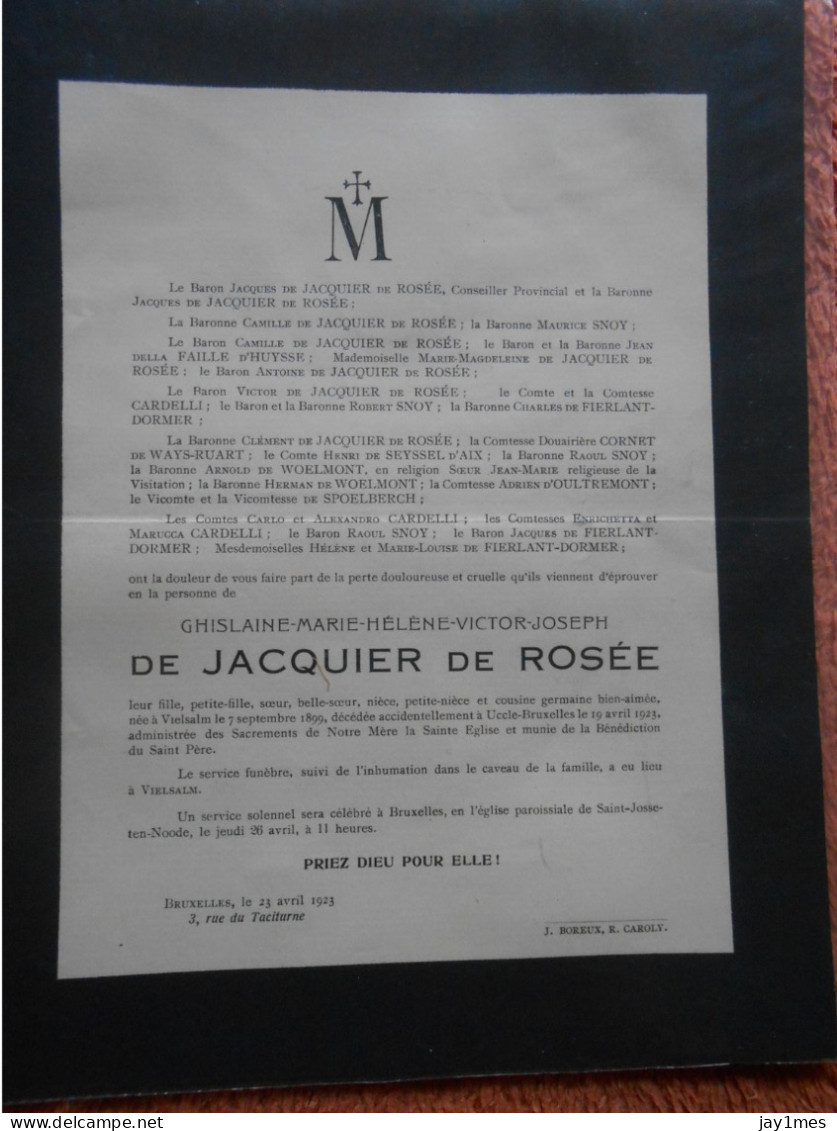 Vielsalm Ghislaine De Jacquier De Rosée Décédée Accident à Uccle 1899- 1923  Pour Comtesse Chäteau De La Havette à Spa - Décès