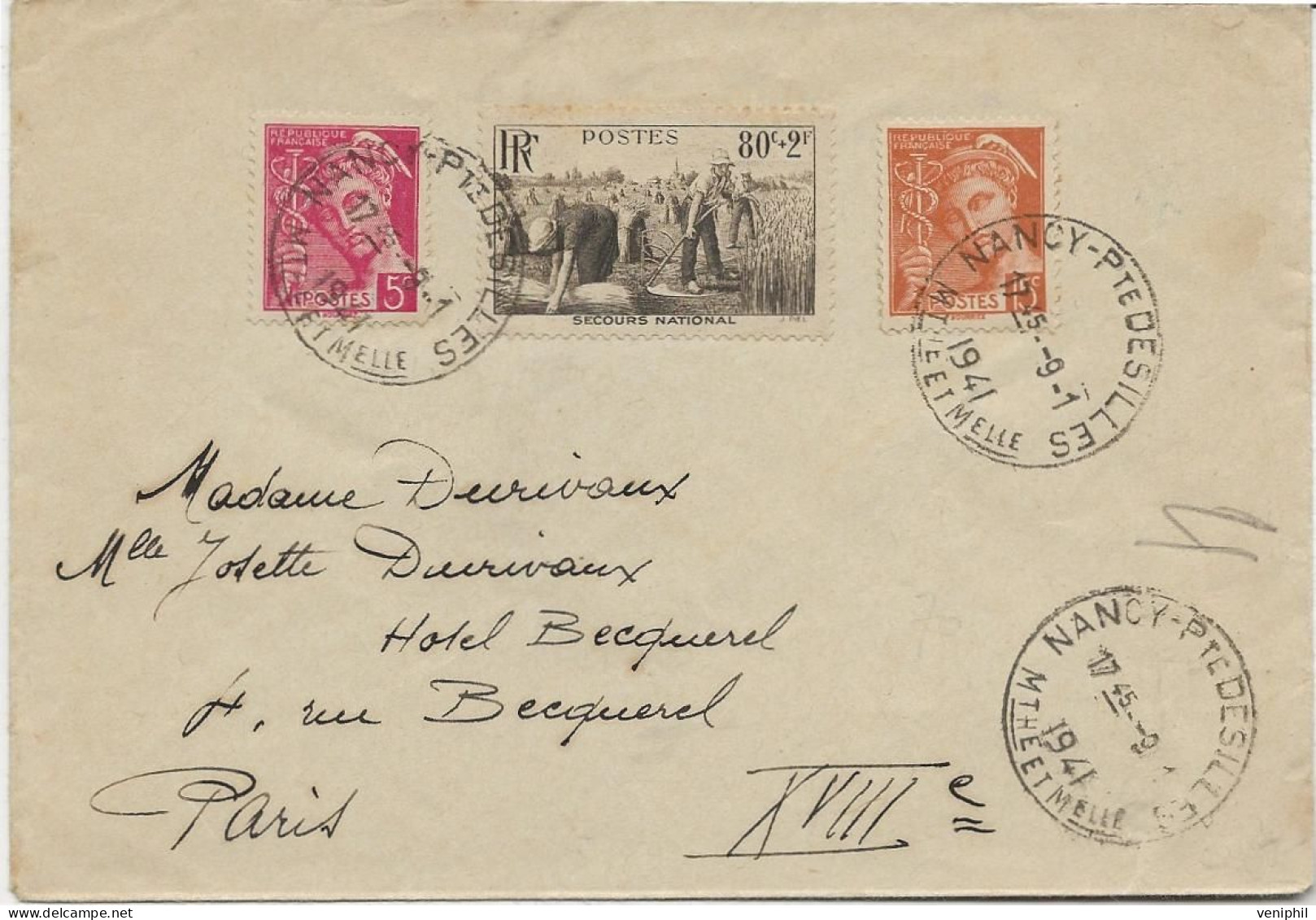 LETTRE AFFRANCHIE N° 406-409-466 - OBLITERATION T.B. NANCY PORTE DE SILLES -M Et M- ANNEE 1941 - Sellado Mecánica (Otros)