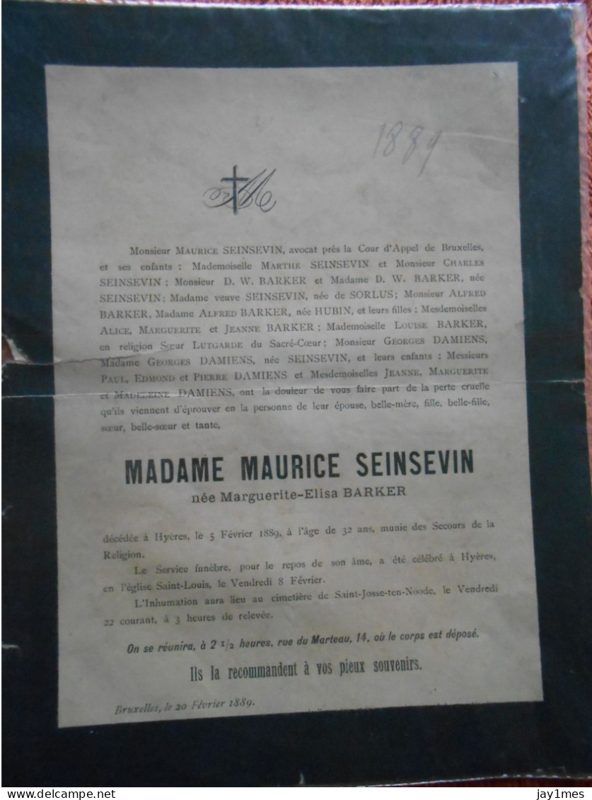 Bruxelles Mm Maurice Seinsevin Décédée à Hyères France 1889 à 32 Ans Inhumé à Saint-Josse-Ten-Noode - Décès