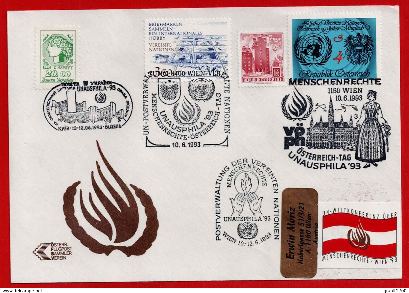 Brief Mit Stempel Von 3 Verschiedenen Postanstalten - UN - Weltkonferenz  über Menschenrechte - Wien `93 Vom 10.6.1993 - Covers & Documents