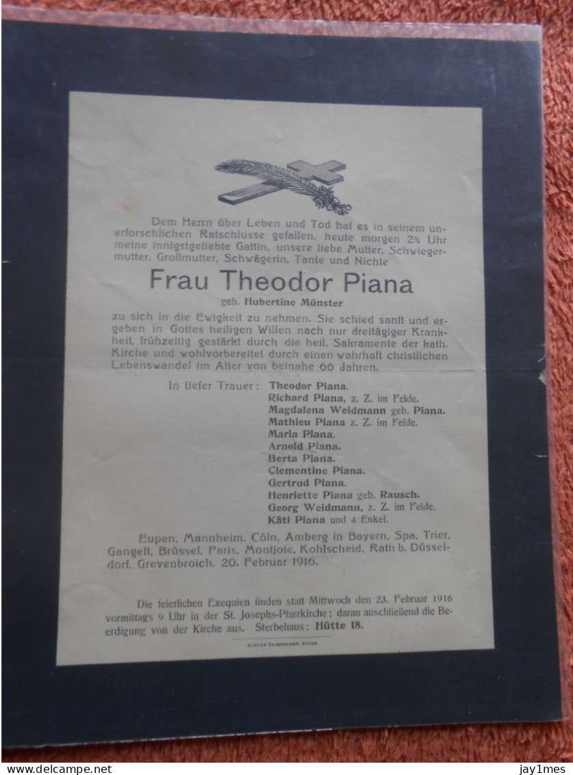 Eupen Frau Théodor Piana Geb. Munster Décédée En 1916 à 66 Ans Pour Comtesse Château Havette à Spa - Décès