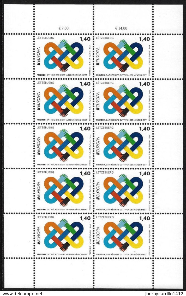 LUXEMBURGO /LUXEMBOURG /LËTZEBUERG /LUXEMBURG  -EUROPA 2023-"PEACE –The Highest Value Of Humanity"- SHEET Of 10 STAMPS - 2023