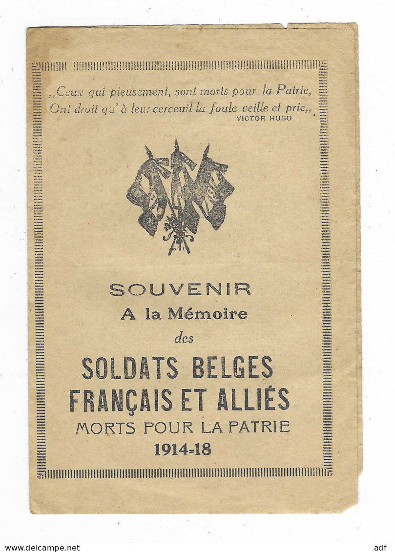 FEUILLET SOUVENIR A LA MEMOIRE DES SOLDATS BELGES FRANCAIS ET ALLIES MORTS POUR LA PATRIE 1914 - 18, PRIERE, WW1, GUERRE - 1914-18