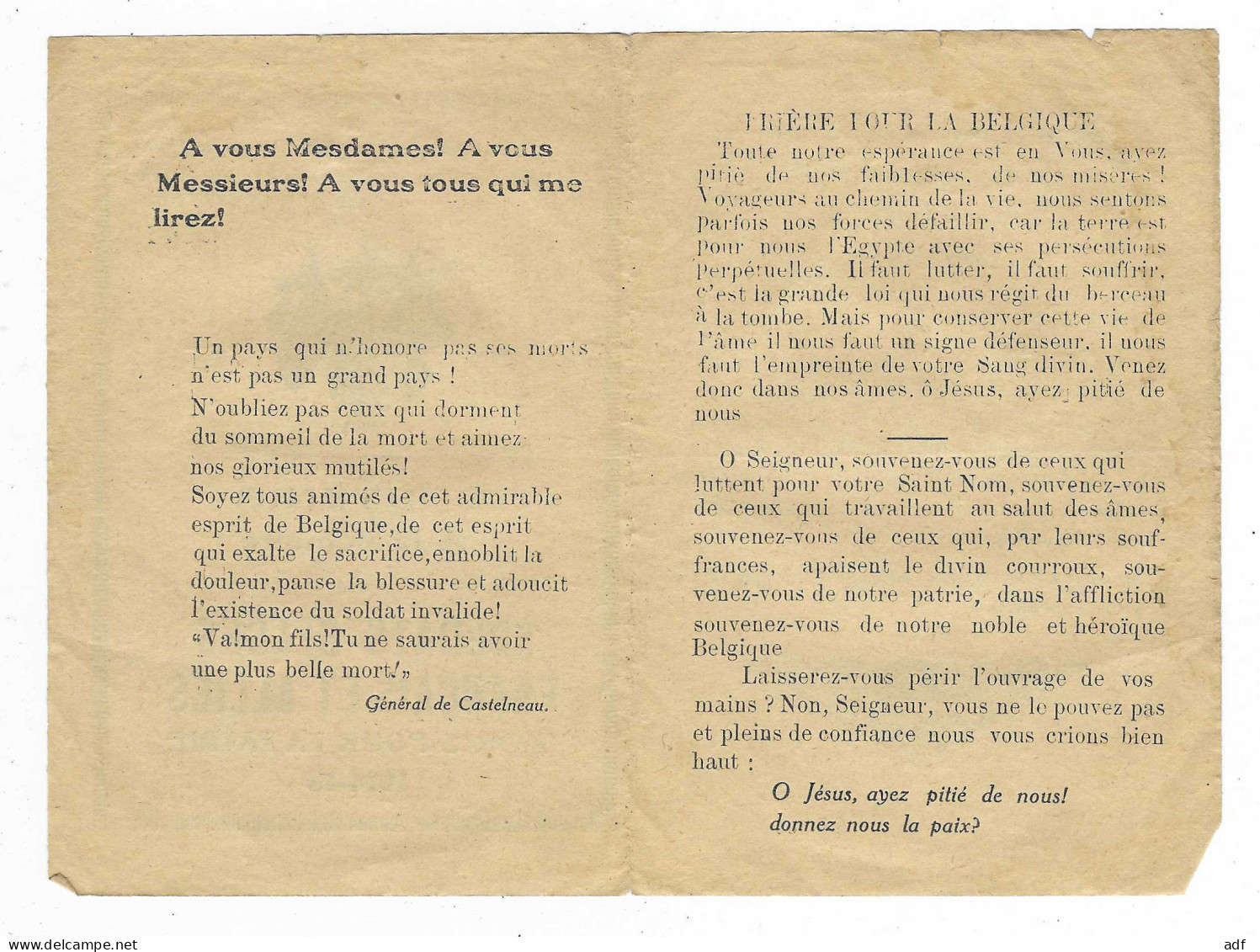 FEUILLET SOUVENIR A LA MEMOIRE DES SOLDATS BELGES FRANCAIS ET ALLIES MORTS POUR LA PATRIE 1914 - 18, PRIERE, WW1, GUERRE - 1914-18