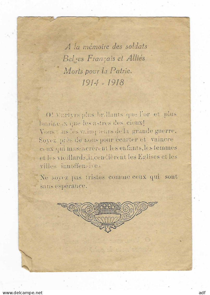 FEUILLET SOUVENIR A LA MEMOIRE DES SOLDATS BELGES FRANCAIS ET ALLIES MORTS POUR LA PATRIE 1914 - 18, PRIERE, WW1, GUERRE - 1914-18