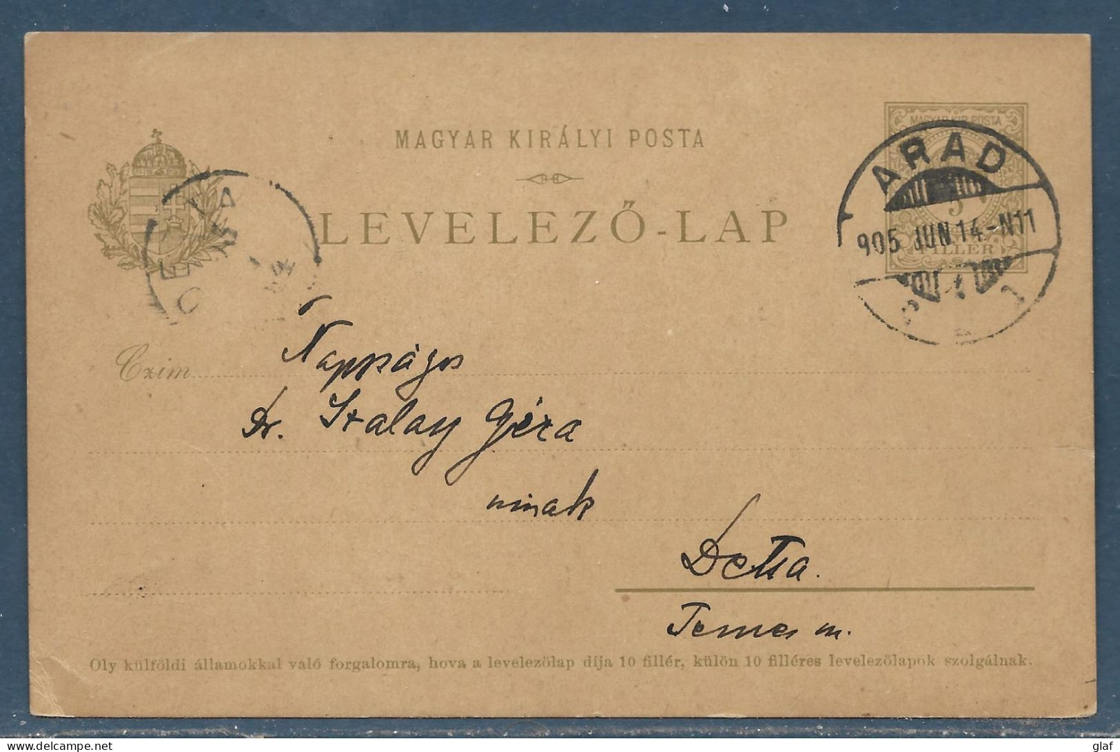 Entier Postal Carte Postale 5 Filler Oblitéré "Arad" 14.6.1905 - Enteros Postales